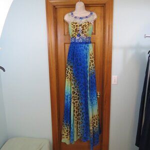 Posh Tiffany Formal Beaded Sequins Illusion Neckline Leopard Print Prom Size 2
